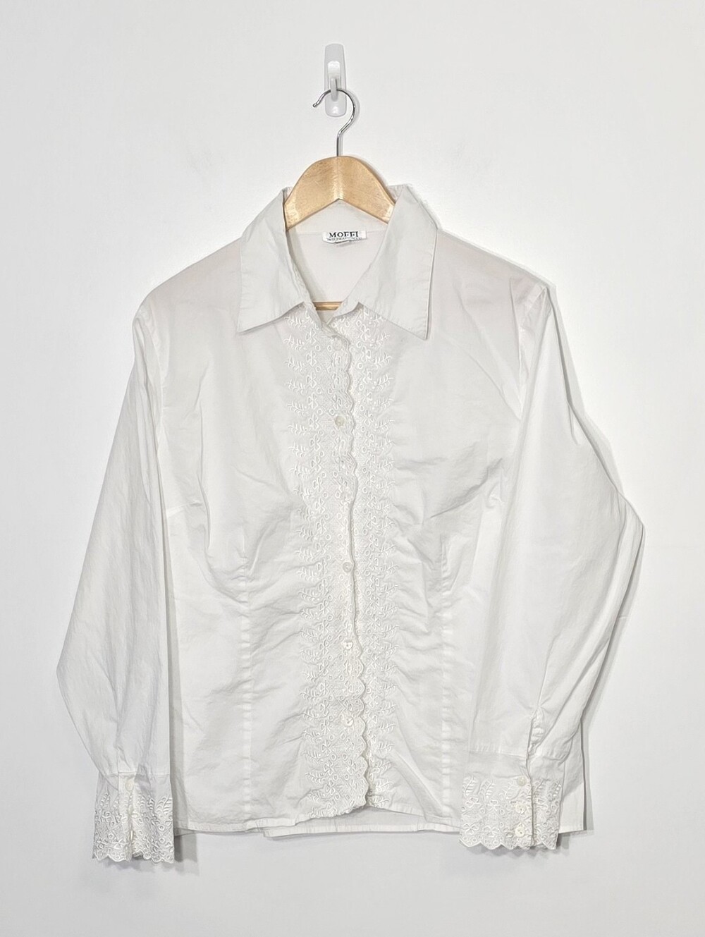 Moffi Vintage White Floral Embroidery Cotton Long Sleeve Button Blouse Plus Size